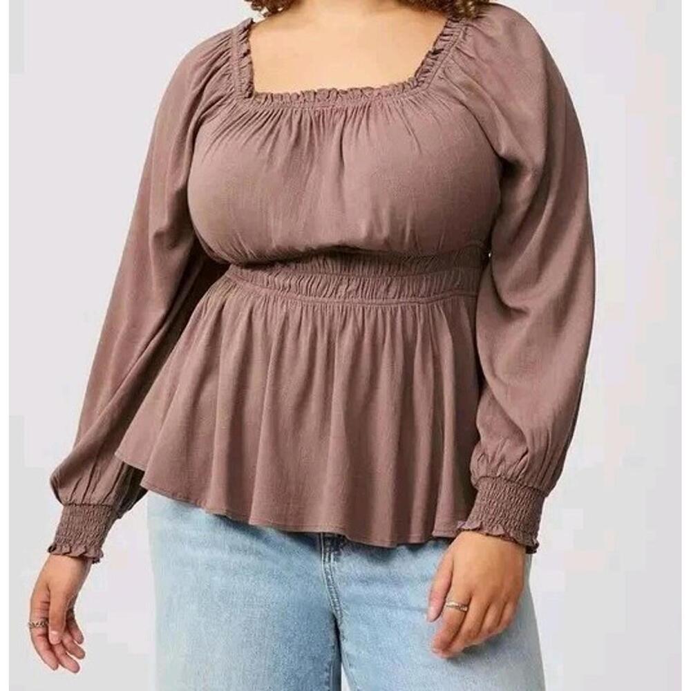 Torrid Top Size 4 Brown Taupe Off The Shoulder Blouse Peasant Boho Long Sleeve